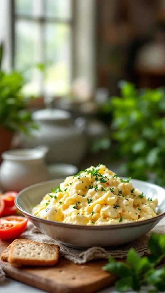 A bowl of creamy egg salad garnished with fresh herbs, served with crackers and tomatoes.