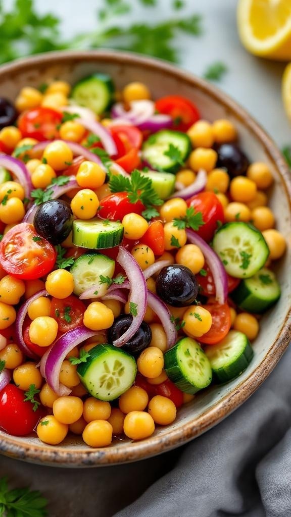 A colorful bowl of Greek Chickpea Salad with chickpeas, cherry tomatoes, cucumbers, olives, and red onion, garnished with parsley.