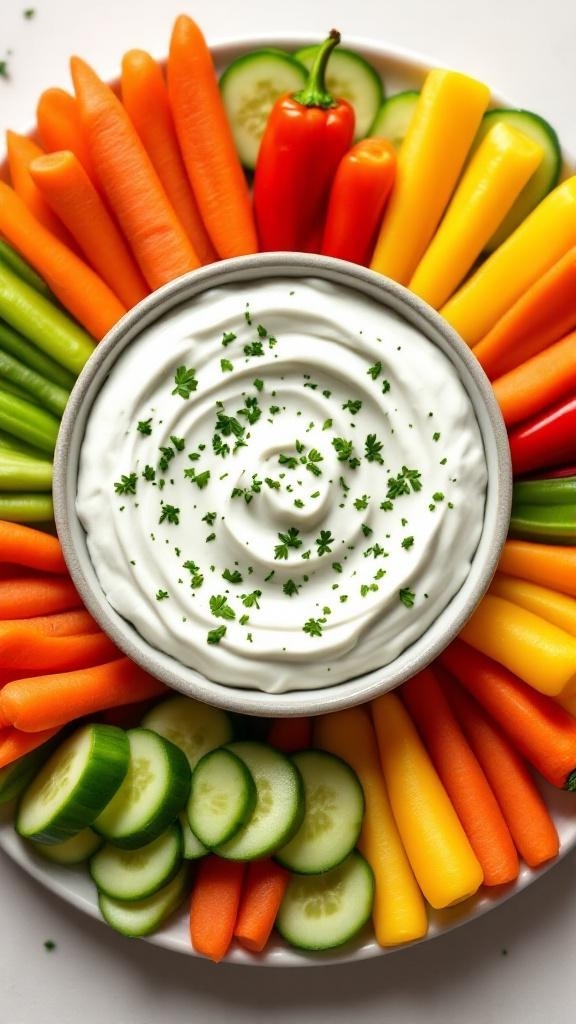 A colorful platter of fresh vegetables surrounding a bowl of creamy Greek yogurt dip, garnished with herbs.
