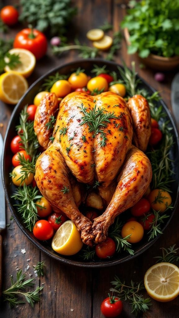 A beautifully roasted chicken surrounded by cherry tomatoes and fresh herbs, ready for a family feast.