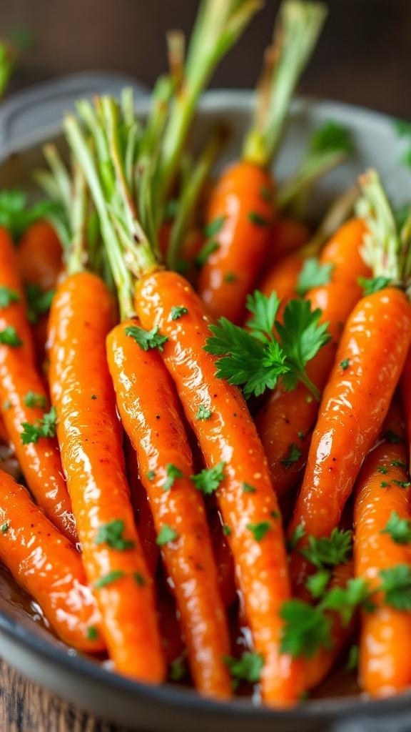 A bowl of honey glazed carrots garnished with parsley.