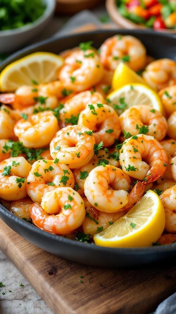 A bowl of lemon garlic butter shrimp garnished with parsley and lemon slices.