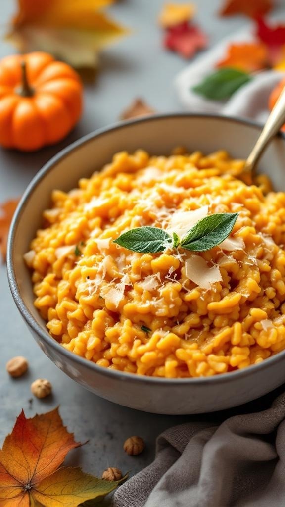A bowl of creamy pumpkin risotto topped with sage leaves, surrounded by autumn leaves and a small pumpkin.