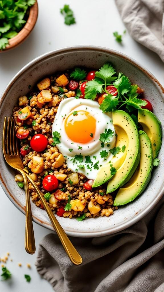 A savory quinoa breakfast bowl with avocado, poached egg, cherry tomatoes, and cilantro.