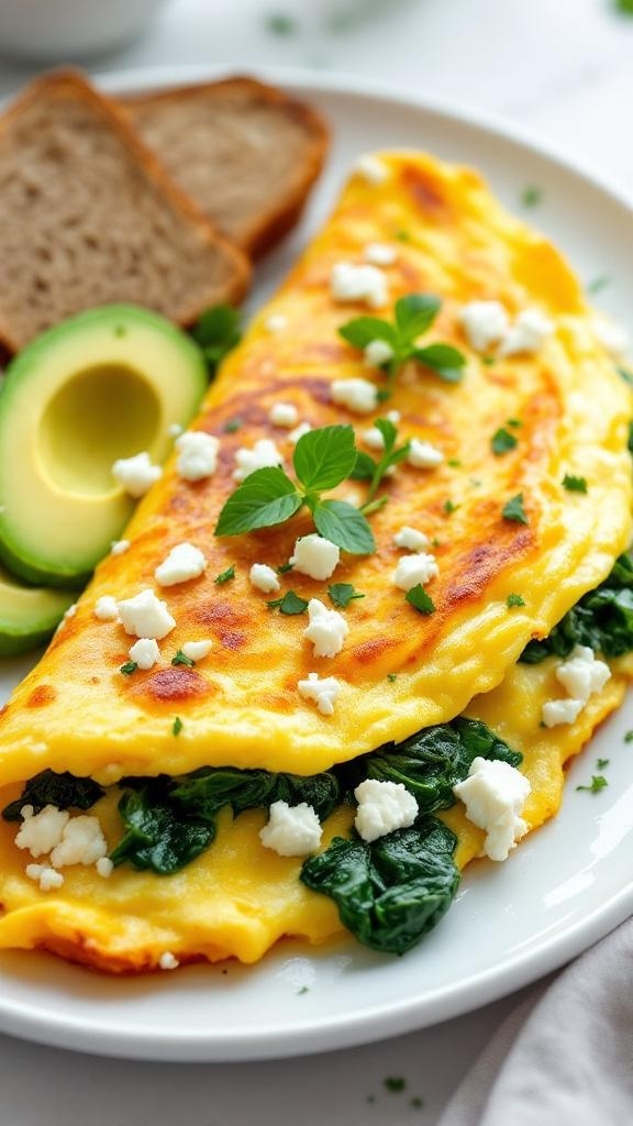 A savory spinach and feta omelet served with avocado slices and toast.