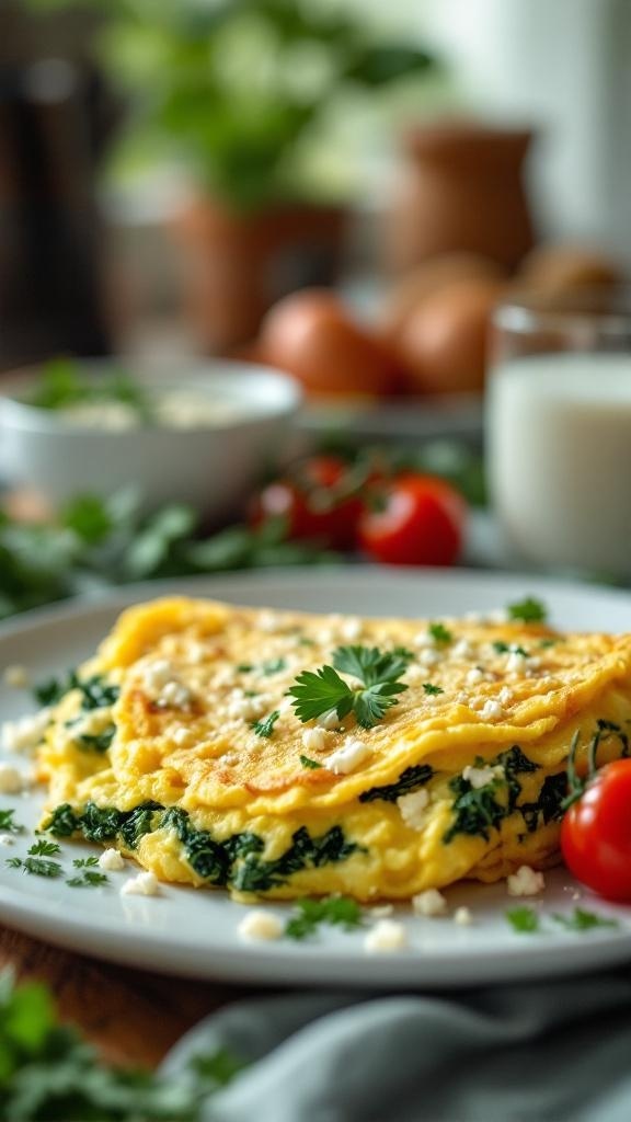 A delicious spinach and feta omelette served on a plate with fresh herbs and cherry tomatoes.