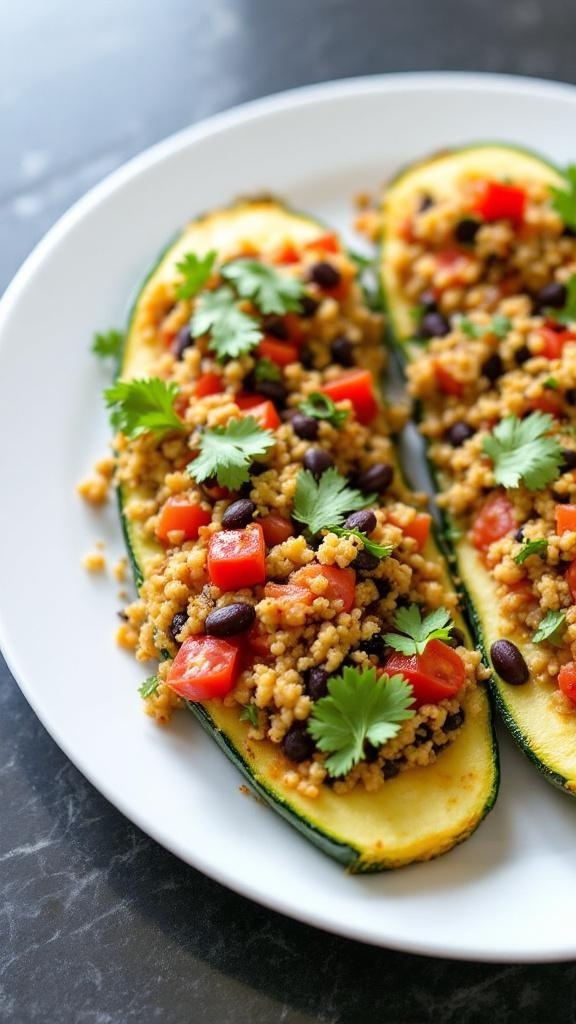 Stuffed zucchini boats filled with quinoa, black beans, and tomatoes, garnished with cilantro.