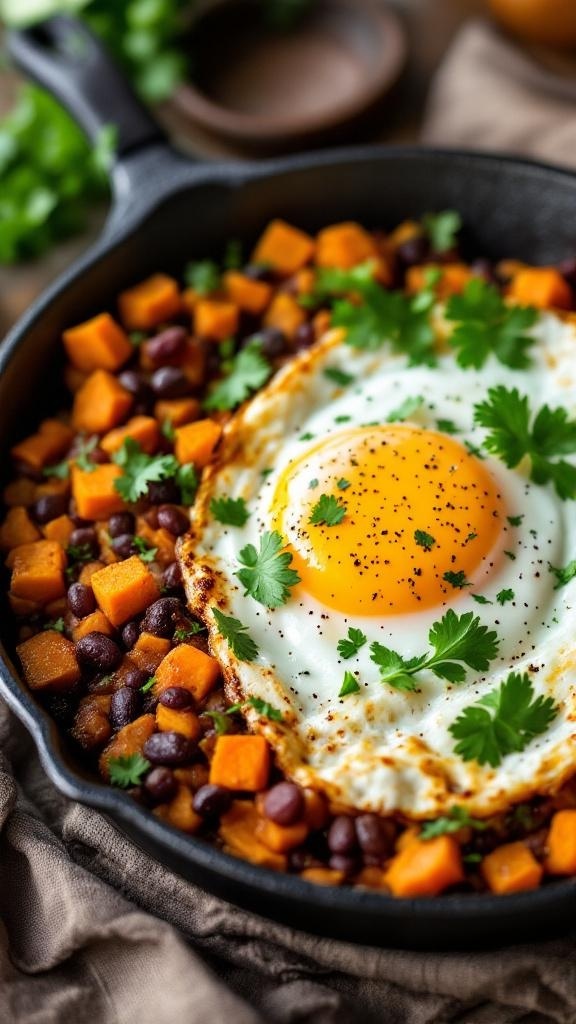 A savory sweet potato and black bean hash topped with a sunny-side-up egg and fresh cilantro.