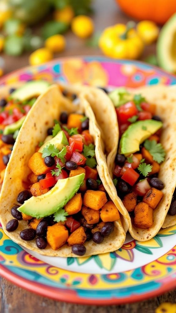 Three savory sweet potato and black bean tacos topped with avocado, tomatoes, and cilantro on a colorful plate.