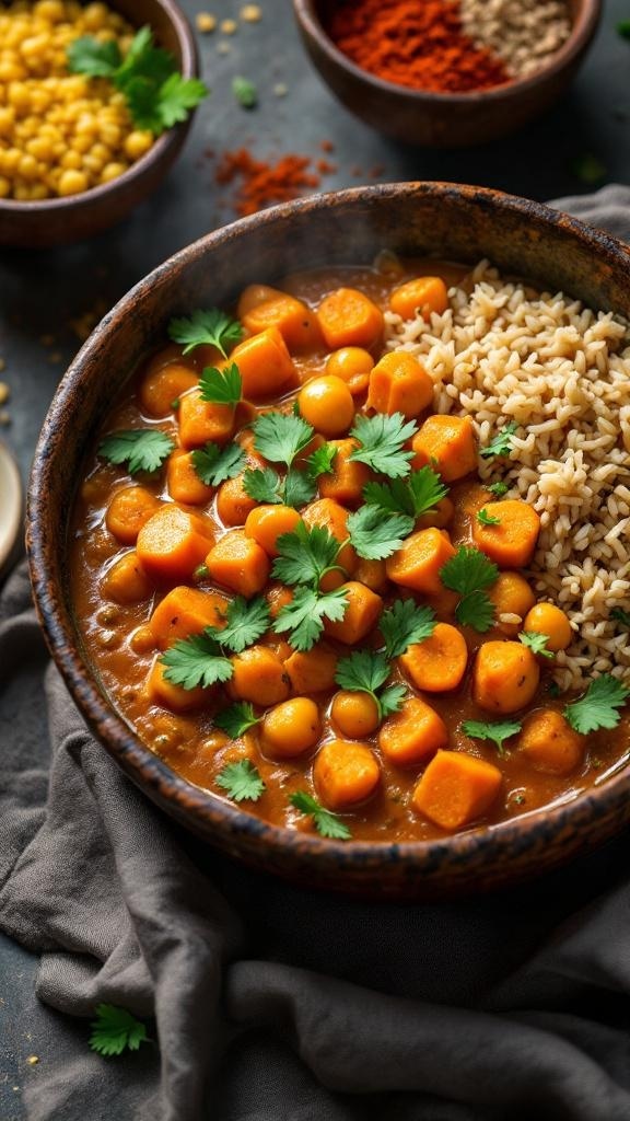 A bowl of sweet potato and chickpea curry served with brown rice and garnished with cilantro.