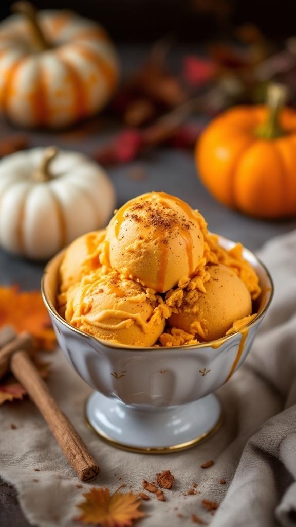 A bowl of sweet potato ice cream topped with crushed nuts, surrounded by pumpkins and autumn leaves.