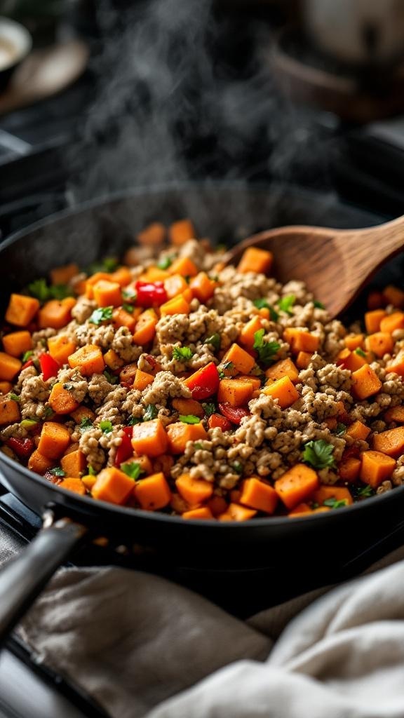 A skillet filled with savory turkey and diced sweet potatoes, garnished with fresh herbs.