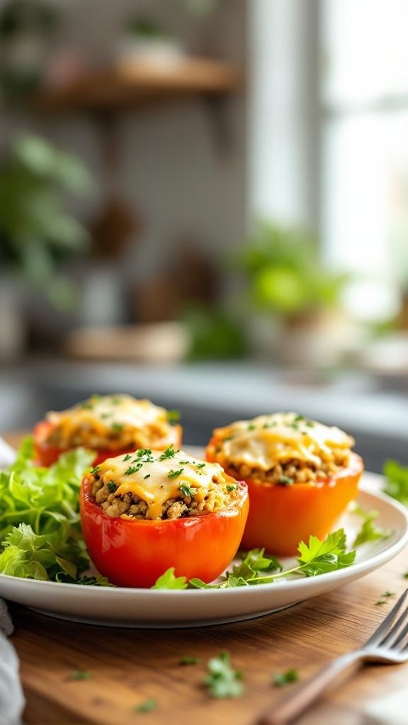 Three stuffed red bell peppers filled with turkey and quinoa, garnished with cheese and herbs, served on a plate with greens.