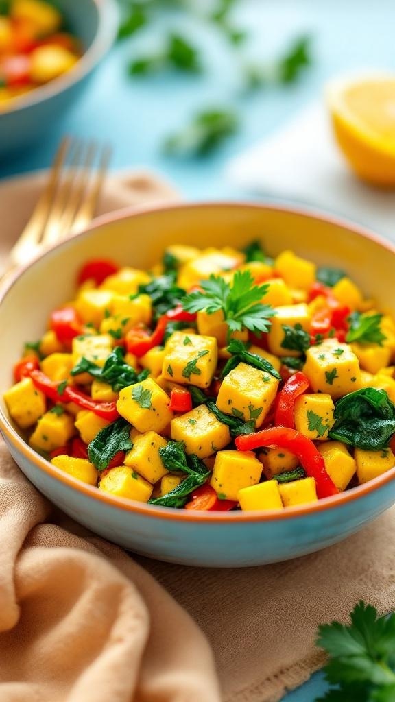 A colorful bowl of tofu scramble with red bell peppers and spinach, garnished with parsley.