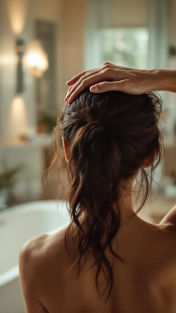 A person giving themselves a scalp massage in a cozy bathroom setting.