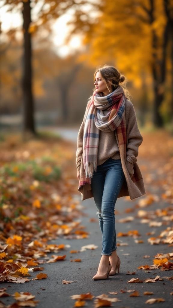 A woman walking on a path surrounded by autumn leaves, wearing a cozy sweater, scarf, jeans, and kitten heels.