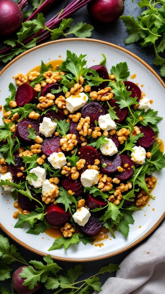 A colorful salad featuring roasted beets, greens, walnuts, and goat cheese.