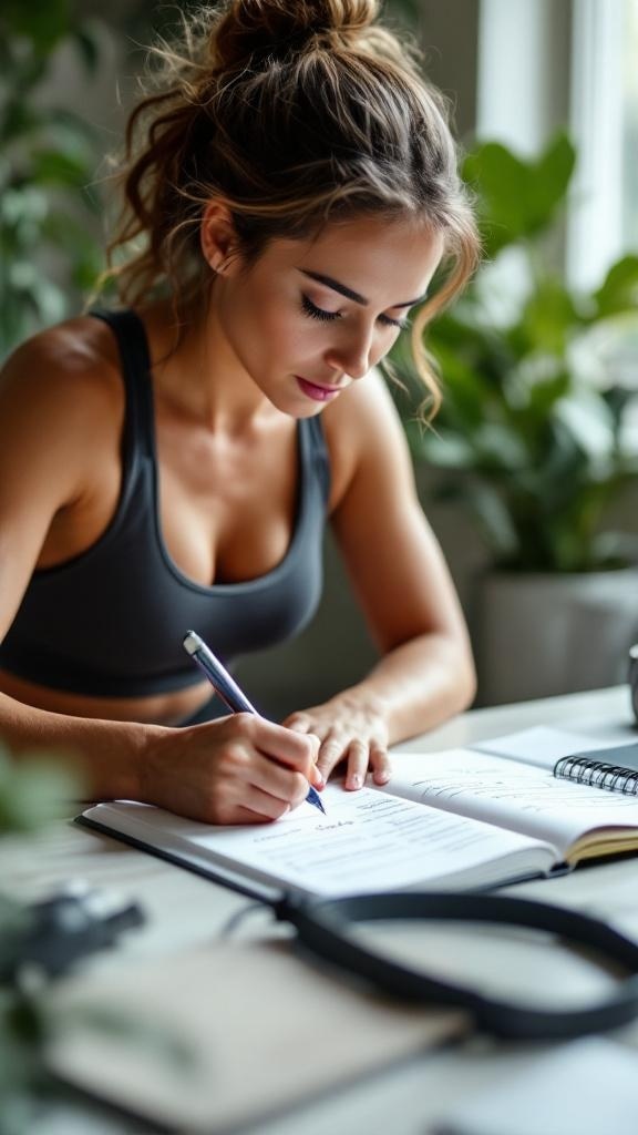 A woman writing in a notebook at a desk, surrounded by motivational fitness posters.