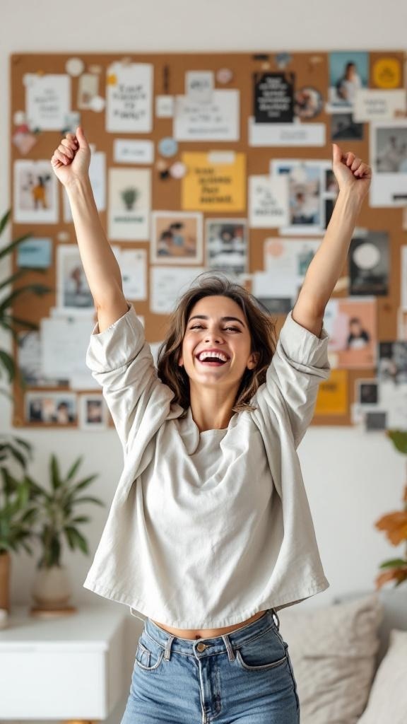 A happy woman celebrating with her arms raised, in front of a vision board filled with motivational quotes and images.