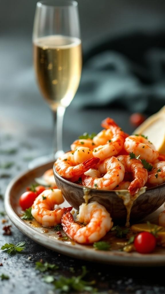 A bowl of shrimp cocktail with spicy sauce, garnished with cherry tomatoes and herbs, next to a glass of champagne.