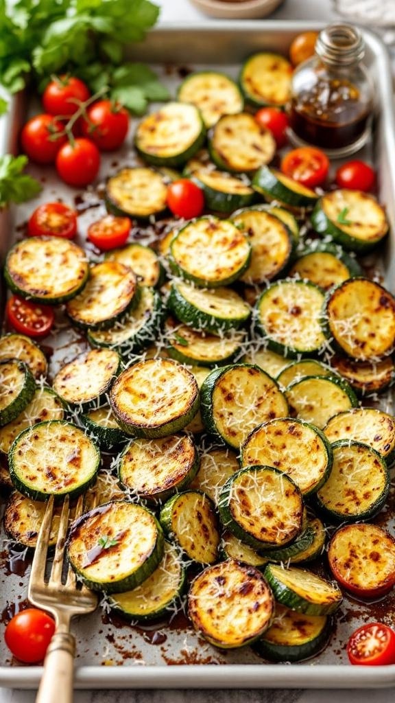 A tray of roasted zucchini slices topped with Parmesan cheese and cherry tomatoes, garnished with fresh herbs.