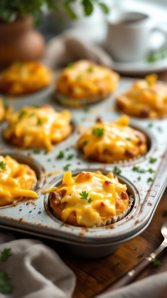 A tray of sausage and cheese breakfast muffins, golden and cheesy, ready to be served.