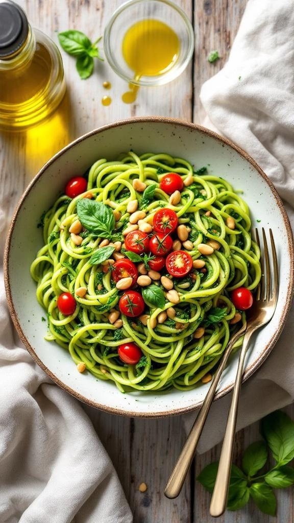 A bowl of zucchini noodles topped with pesto, cherry tomatoes, and pine nuts, with olive oil and fresh basil in the background.