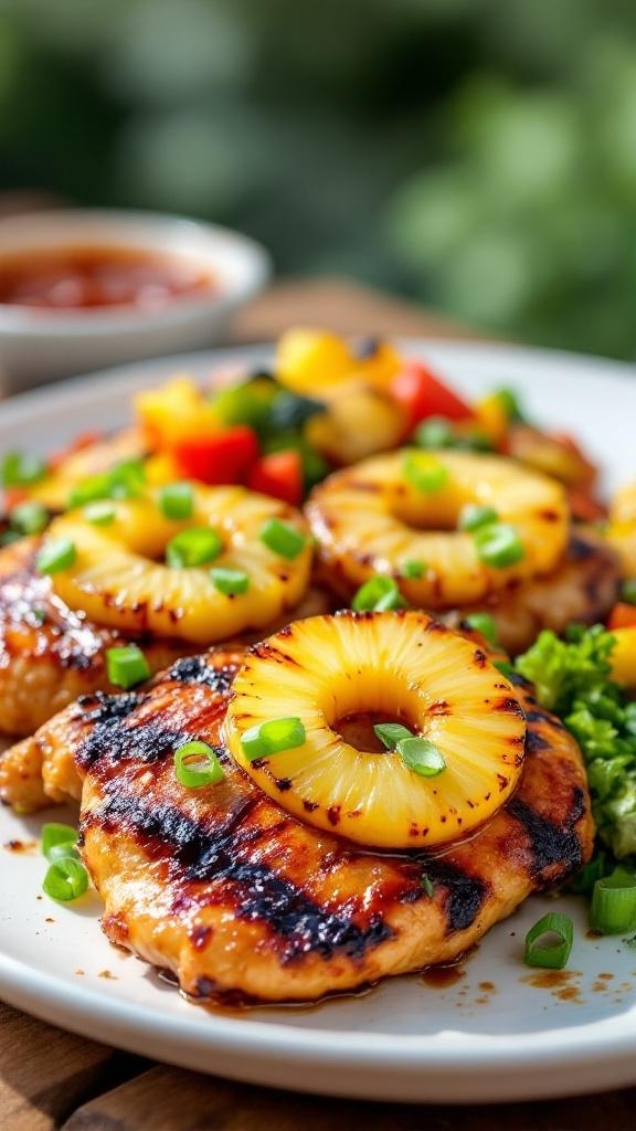 BBQ Pineapple Chicken Recipe Grilled BBQ pineapple chicken with pineapple slices, garnished with green onions, served with grilled vegetables.