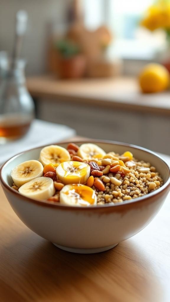 A bowl of quinoa topped with banana slices and nuts