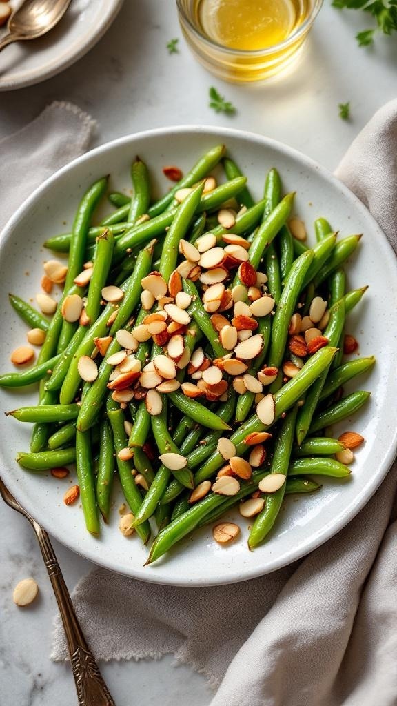 A plate of sautéed green beans topped with sliced almonds, served on a white dish.