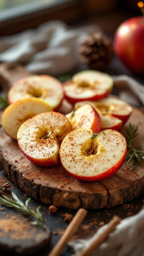 Sliced apples with cinnamon on a wooden board