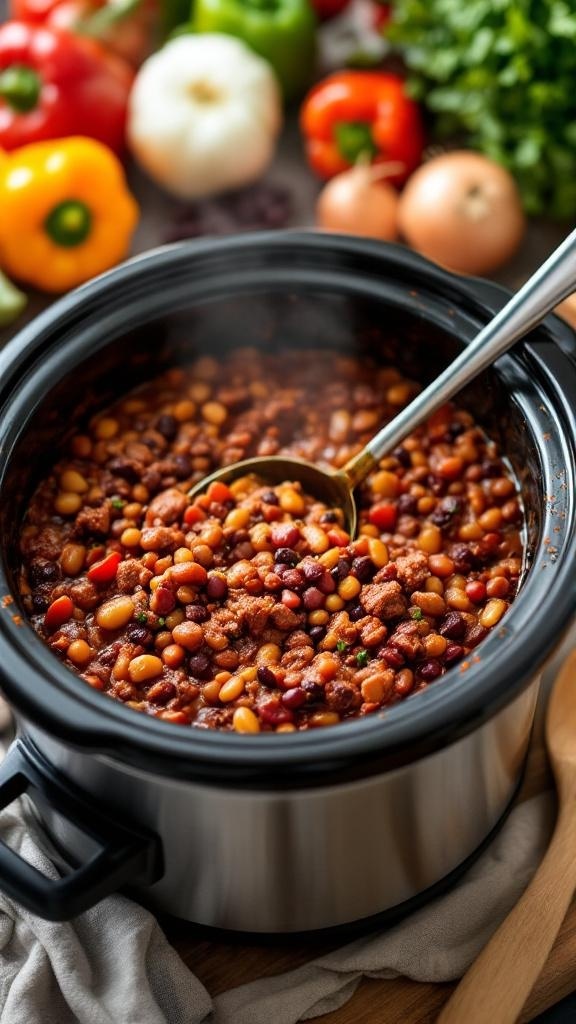 A slow cooker filled with chili, surrounded by fresh vegetables.