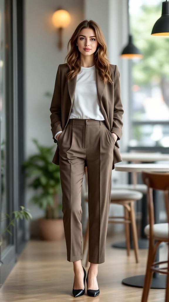 A woman in a brown tailored suit with a white top and kitten heels, standing in a modern cafe.
