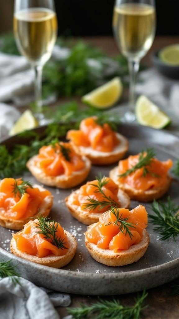 A platter of smoked salmon canapés topped with dill, served with champagne glasses and lemon wedges.