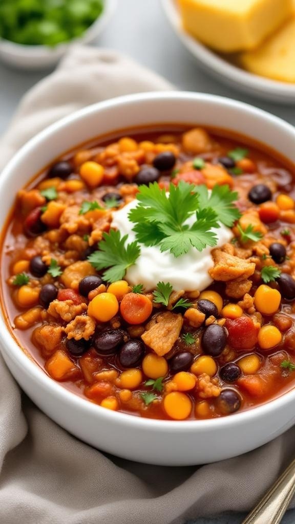 A bowl of Smoky Turkey Chili topped with cilantro and sour cream, surrounded by fresh ingredients.