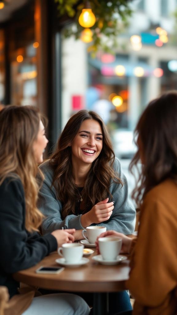 Three women laughing and enjoying coffee together at a cafe
