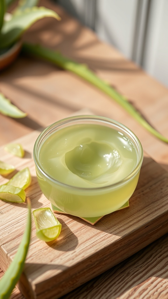 Aloe vera plant with green leaves next to a small container of aloe vera gel and a hand with light green nails
