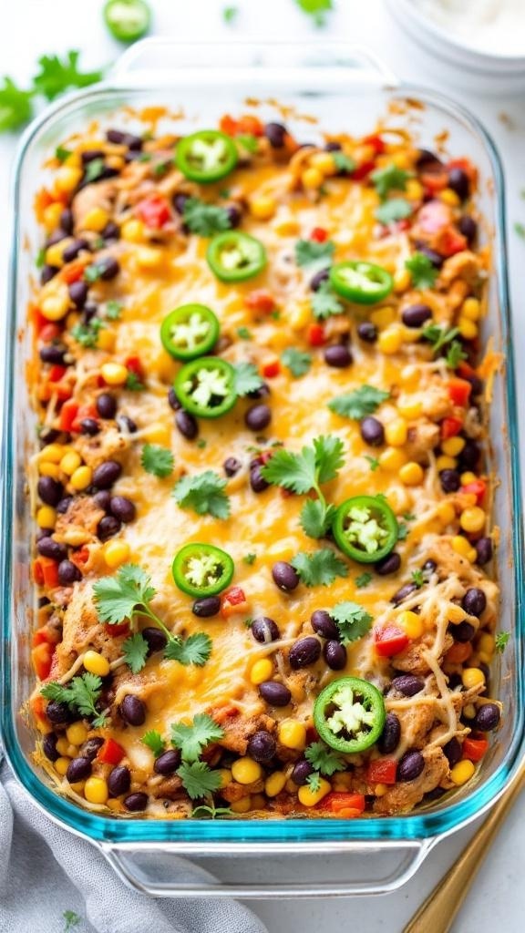 A colorful Southwestern chicken bake with corn, black beans, and cheese topped with jalapeños and cilantro.