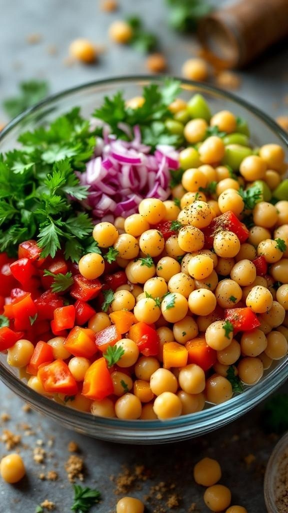 A colorful Mediterranean chickpea salad with diced bell peppers, red onion, and parsley in a glass bowl.