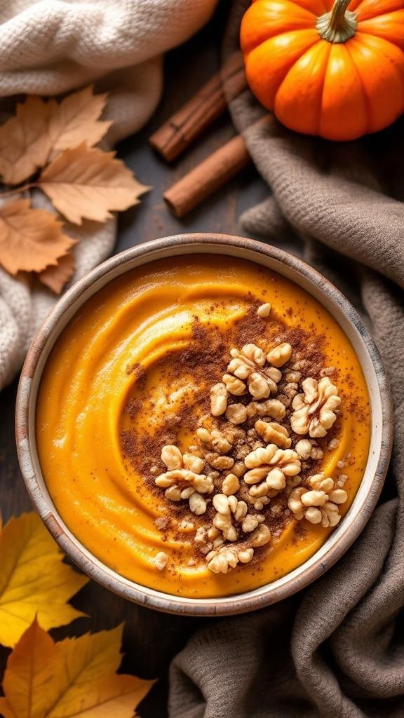 A bowl of spiced pumpkin chia pudding topped with walnuts and cinnamon, surrounded by autumn leaves and a small pumpkin.