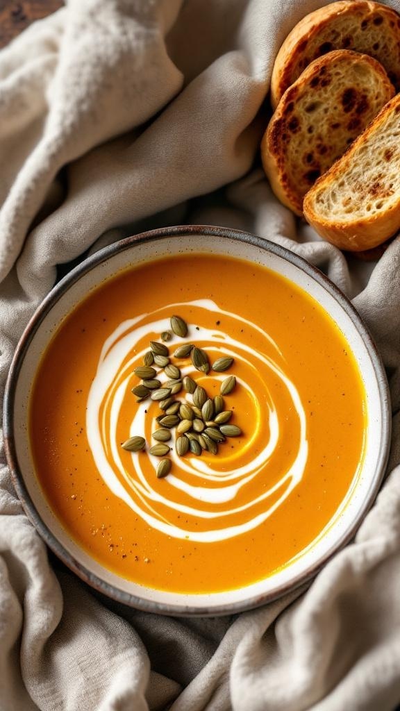 A bowl of spicy butternut squash soup garnished with cream and pumpkin seeds, served with toasted bread.