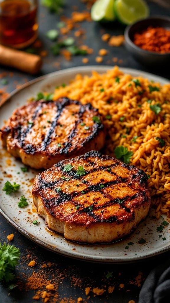 Spicy Cajun Pork Chops served with rice and garnished with lime and herbs