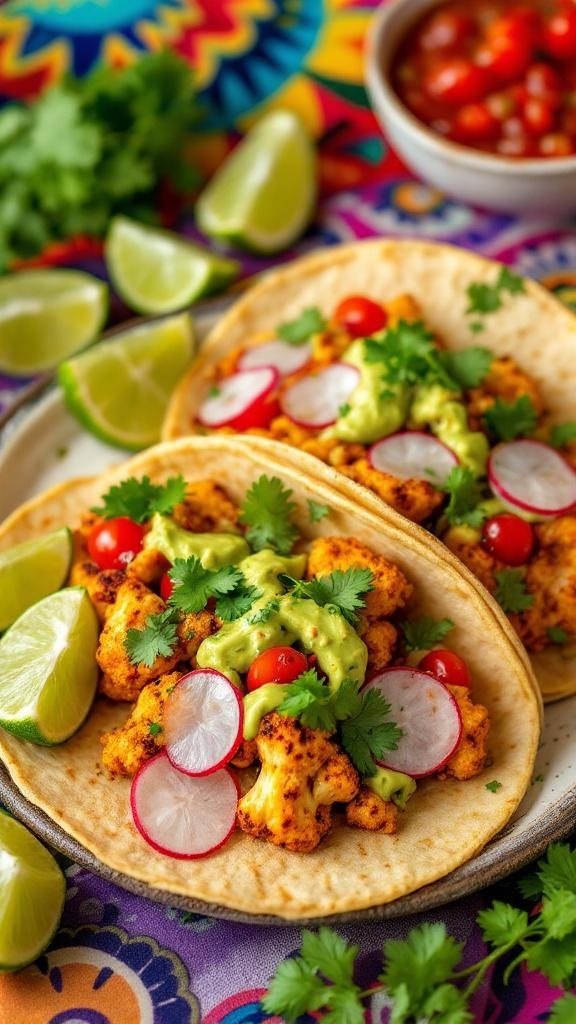 Spicy cauliflower tacos topped with avocado crema, cherry tomatoes, and radishes, served with lime wedges on a colorful background.