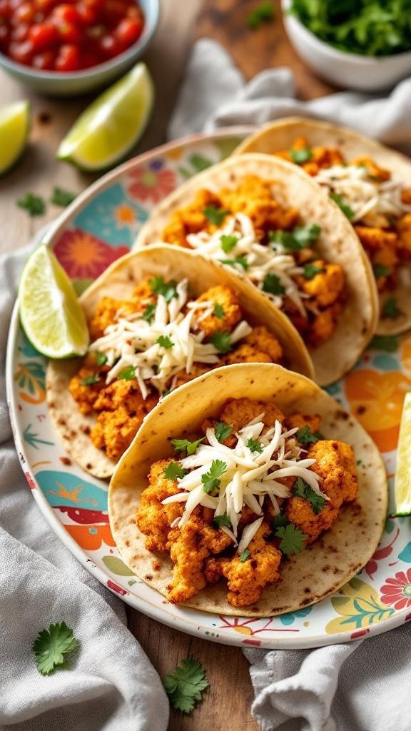 Spicy cauliflower tacos with cilantro lime slaw on a colorful plate, garnished with lime wedges and fresh cilantro.