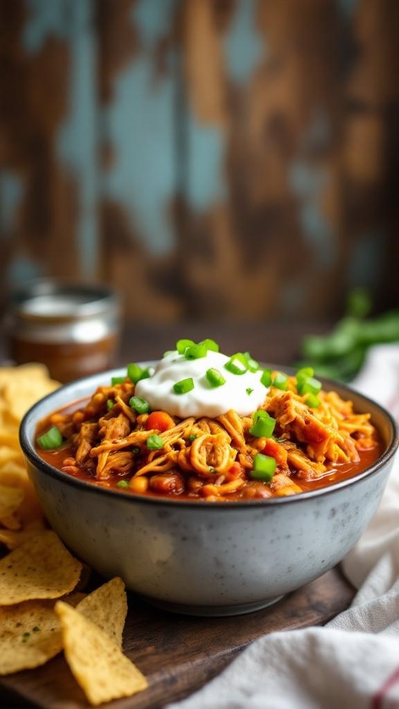 A bowl of spicy chicken chili topped with sour cream and green onions, served with tortilla chips.
