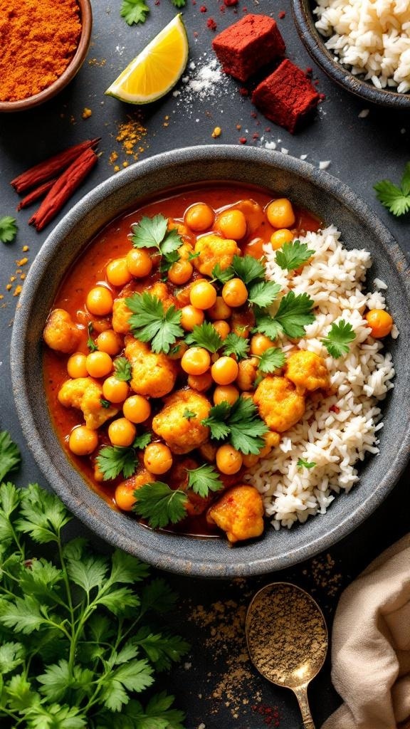 A bowl of spicy chickpea and cauliflower curry with rice, garnished with cilantro.