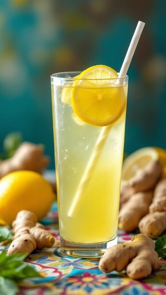 A refreshing glass of spicy ginger lemonade with lemon slices and ginger roots in the background.