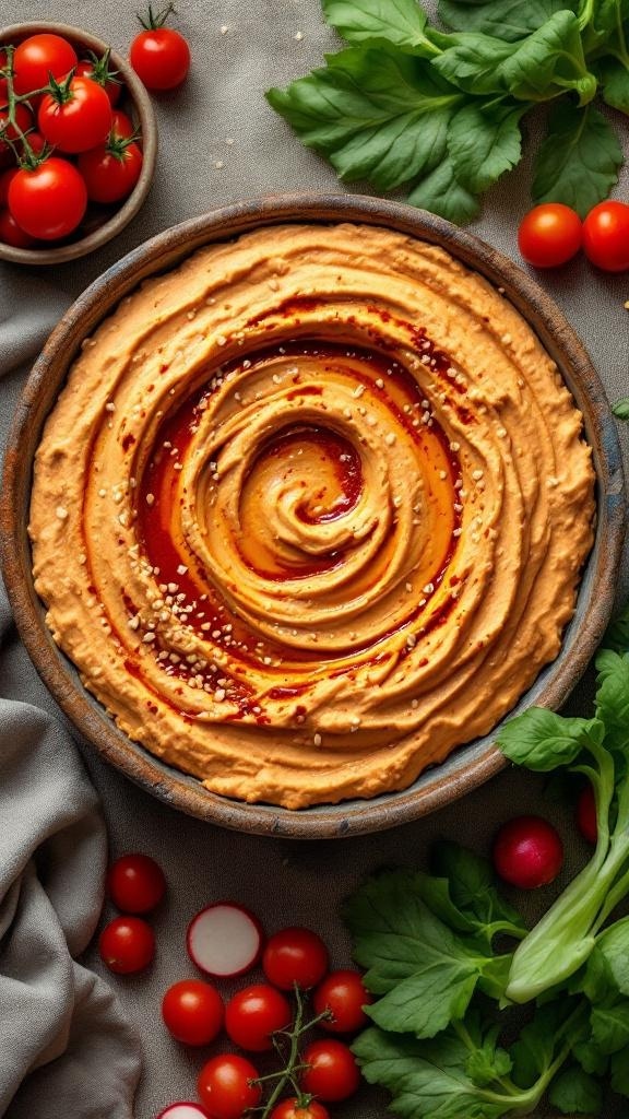 A bowl of spicy harissa hummus garnished with sesame seeds, surrounded by cherry tomatoes and fresh greens.
