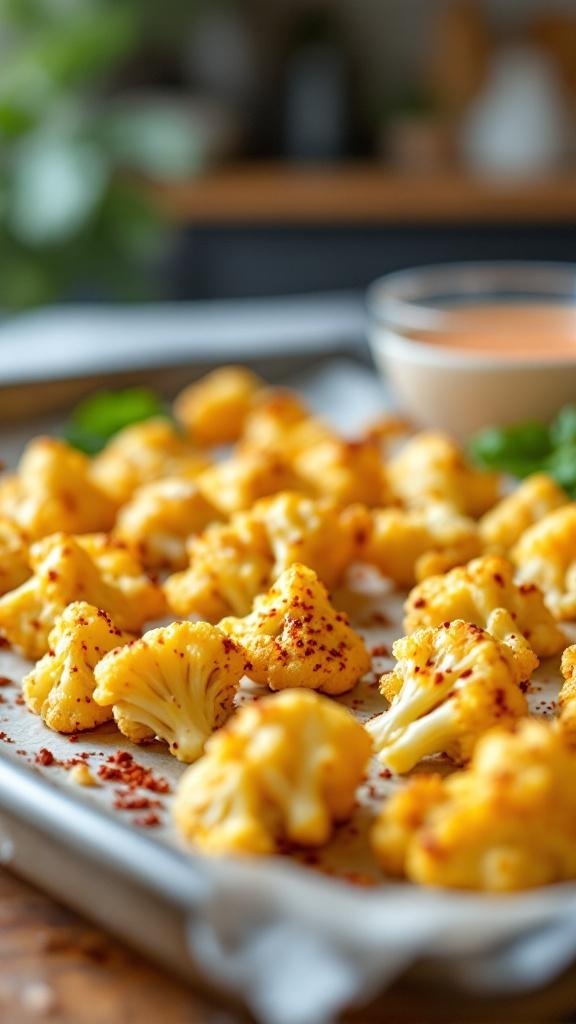 A tray of spicy roasted cauliflower bites sprinkled with spices, ready to be served.