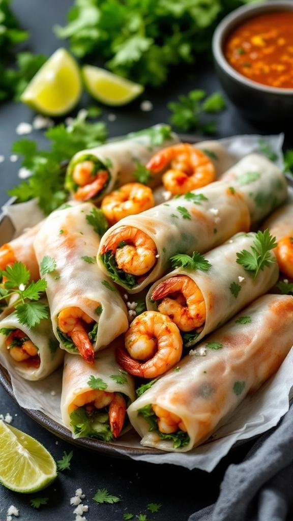 Spicy shrimp spring rolls with cilantro and lime sauce, garnished with fresh herbs